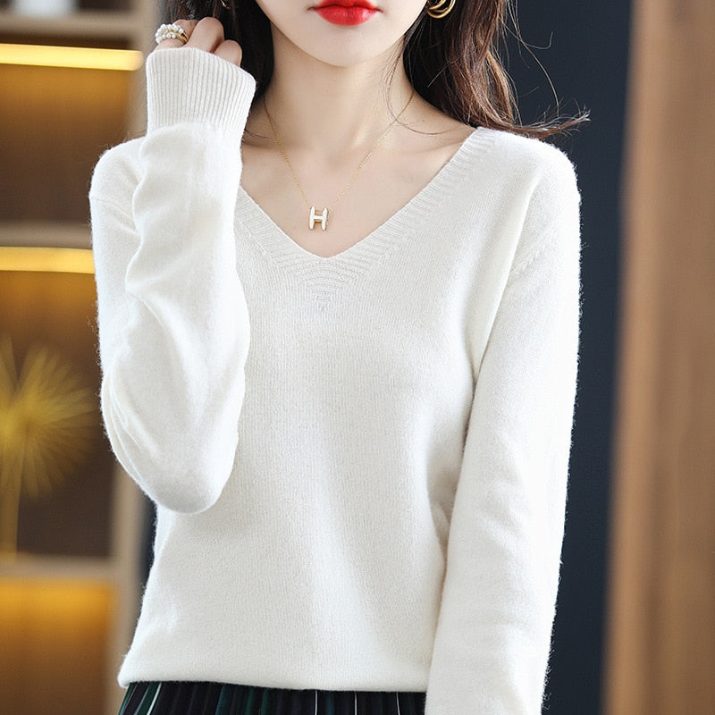 Long Sleeve V-neck Knit Pullovers Women Sweater